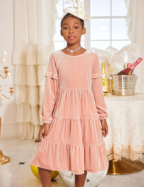 Arshiner Girls Velvet Tiered Dress Long Sleeve Crew Neck Elegant Tween Twirly Dresses for 6-13 Years