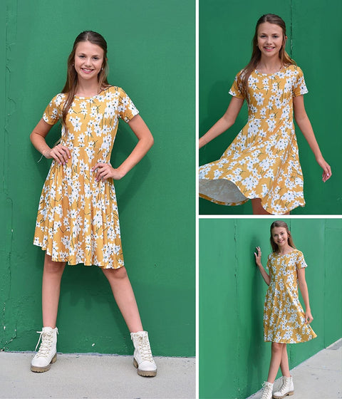Arshiner Girls Floral Dress Short Sleeve Summer Dresses Skater Twirl Sundress for Girls 4-13 Years