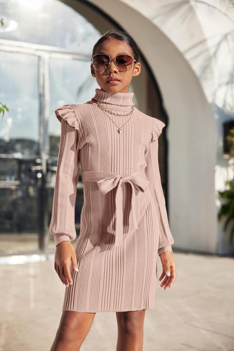 Arshiner Girls Sweater Dress Ruffled Long Sleeve Turtleneck Knit Midi Dress with Detachable Belt