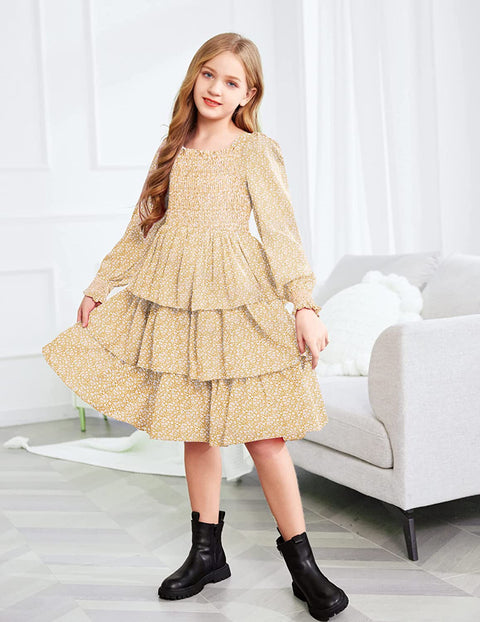Arshiner Girls Long-Sleeve Tiered Dresses Square Neck Lantern Smocked Ruffle Layered Tie Back Dress