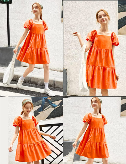 Arshiner Girls Dress Short Puff Sleeve Loose Tiered Ruffle Casual Dresses Square Neck