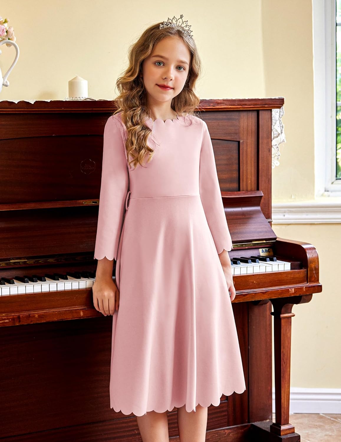 girls midi dresses Arshiner Party Dress Scallop Trim Belted A-Line Formal Dres – ARSHINER Floral Woven Fabric Cinched Christabelle Dusty Pink Sweetheart Style:AD1S302690 Color:Sand Seersucked