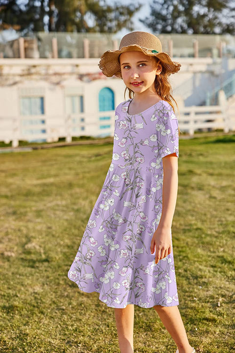 Arshiner Girls Floral Dress Short Sleeve Summer Dresses Skater Twirl Sundress for Girls 4-13 Years