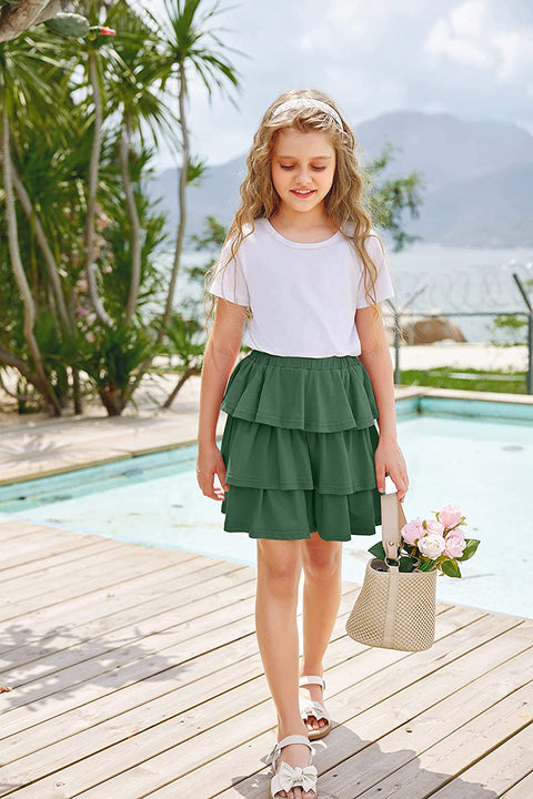 Arshiner Girls Summer Cute High Waist Ruffle Skirt Flared Pleated Solid Color Skirt