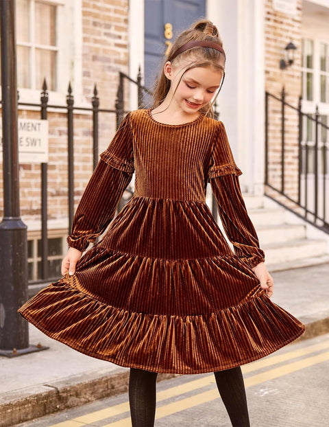 Arshiner Girls Velvet Tiered Dress Long Sleeve Crew Neck Elegant Tween Twirly Dresses for 6-13 Years