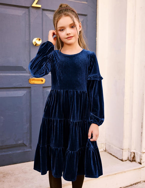 Arshiner Girls Velvet Tiered Dress Long Sleeve Crew Neck Elegant Tween Twirly Dresses for 6-13 Years