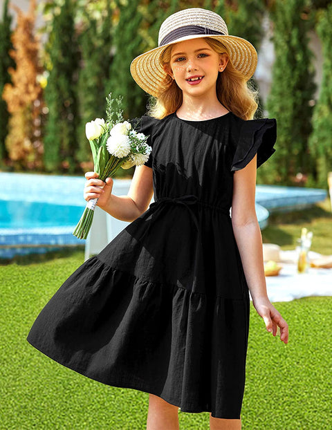 Arshiner Girl's Cotton Linen Dress Flutter Sleeve Summer Casual Dresses Tiered A-Line Sundress for 4-13 Years Kids