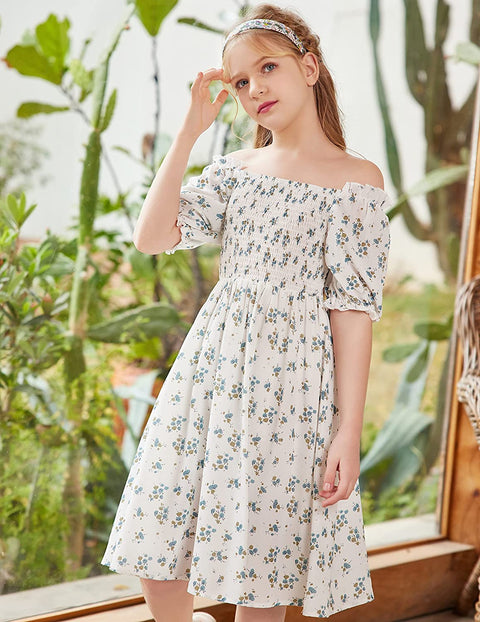 Arshiner Girls Summer Dress Short Puff Sleeve Floral Dress