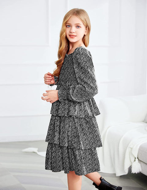 Arshiner Girls Long-Sleeve Tiered Dresses Square Neck Lantern Smocked Ruffle Layered Tie Back Dress