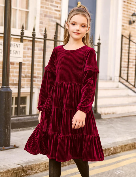 Arshiner Girls Velvet Tiered Dress Long Sleeve Crew Neck Elegant Tween Twirly Dresses for 6-13 Years