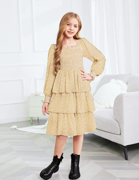 Arshiner Girls Long-Sleeve Tiered Dresses Square Neck Lantern Smocked Ruffle Layered Tie Back Dress
