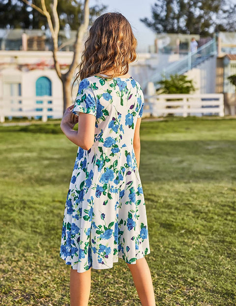 Arshiner Girls Floral Dress Short Sleeve Summer Dresses Skater Twirl Sundress for Girls 4-13 Years