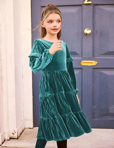 Arshiner Girls Velvet Tiered Dress Long Sleeve Crew Neck Elegant Tween Twirly Dresses for 6-13 Years