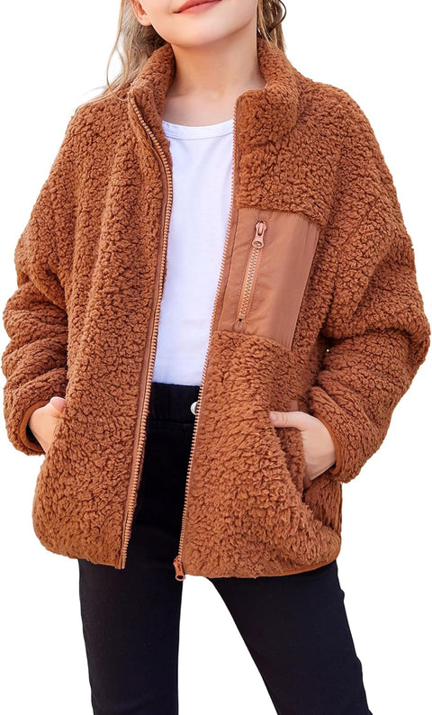 Arshiner Girls Fleece Jacket Sherpa Fall Winter Full Zip Fuzzy Coat Outwear with Pockets