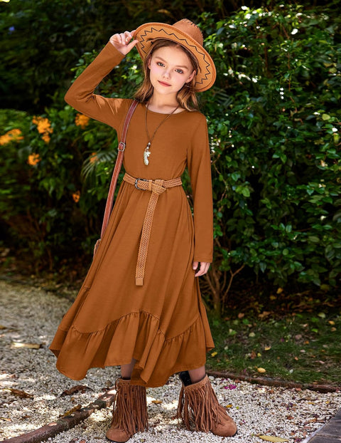 Arshiner Girls Long Sleeve Fall Dress Smocked Waist Round Neck Casual Maxi Western Dress for Kids 6-12 Years