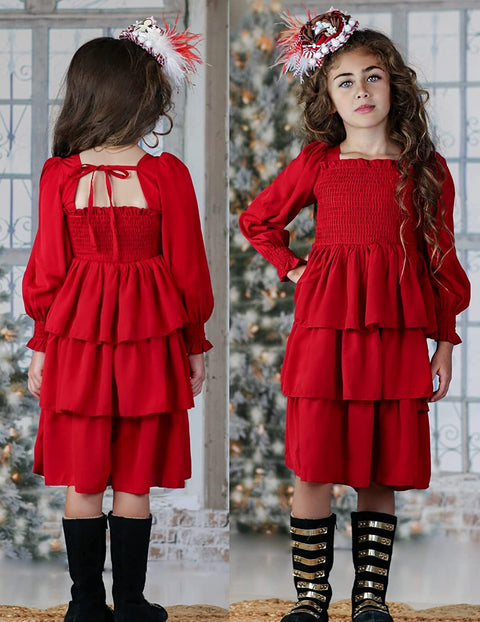 Arshiner Girls Long-Sleeve Tiered Dresses Square Neck Lantern Smocked Ruffle Layered Tie Back Dress