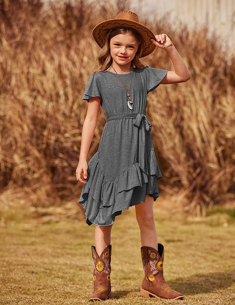 Arshiner Girls Dresses Long Sleeve Loose Plain Ruffle Swing Midi Dress