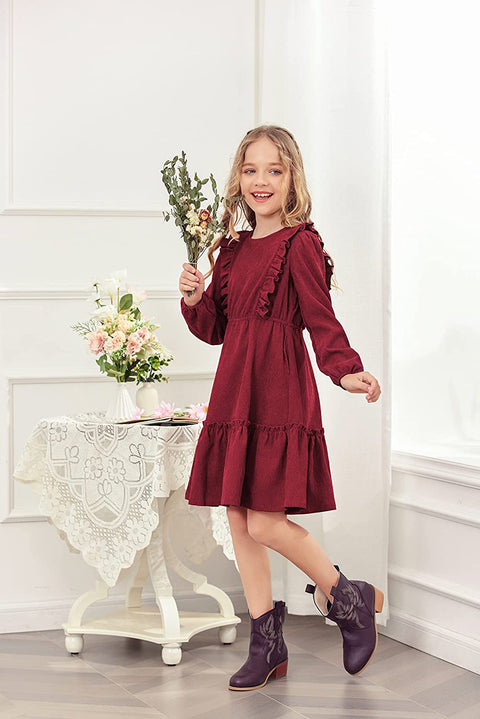 Arshiner Girls Dresses A-line Ruffled Button Corduroy Swing Dress