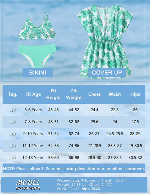 Arshiner 3 Piece Girls Swimsuit Kimono Drawstring Cover up and Kids Wrap Bikini Set Size 5-13