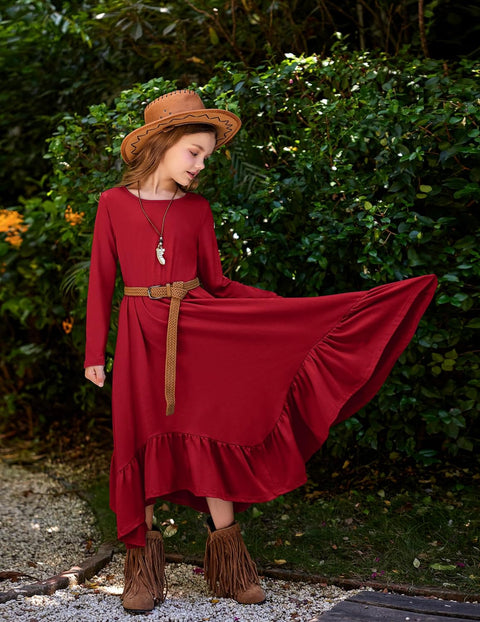 Arshiner Girls Long Sleeve Fall Dress Smocked Waist Round Neck Casual Maxi Western Dress for Kids 6-12 Years