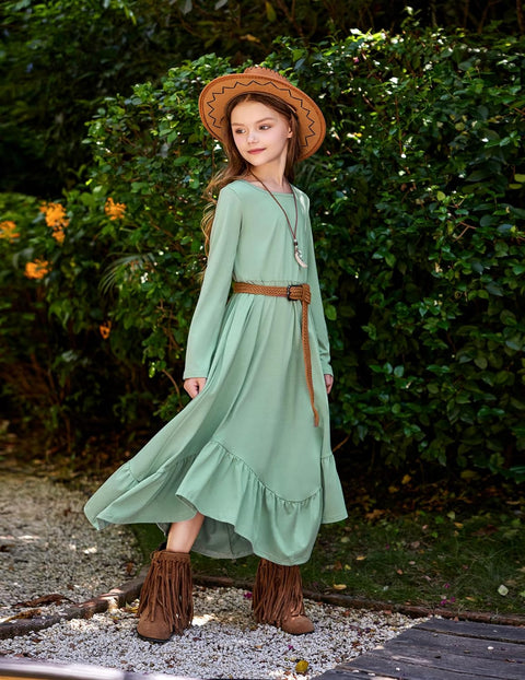 Arshiner Girls Long Sleeve Fall Dress Smocked Waist Round Neck Casual Maxi Western Dress for Kids 6-12 Years