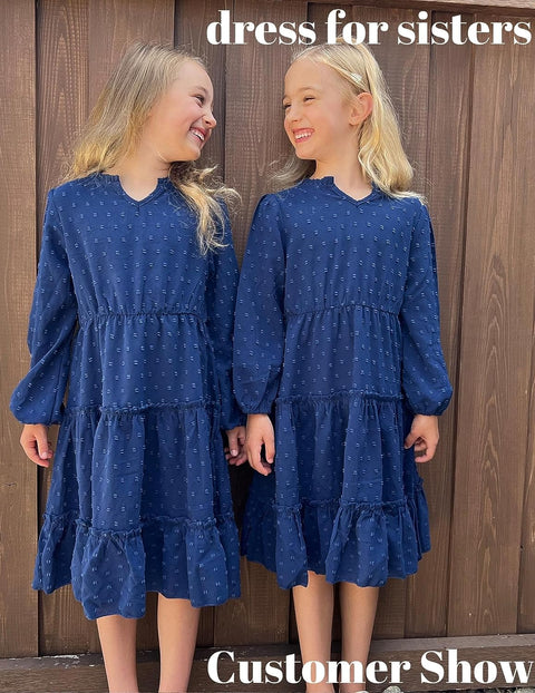 Arshiner Girls Dresses Long Sleeve Swiss Dot V Neck Ruffle Tiered Casual Party Dress