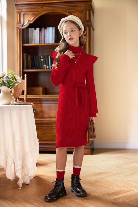 Arshiner Girls Sweater Dress Ruffled Long Sleeve Turtleneck Knit Midi Dress with Detachable Belt