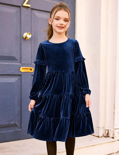 Arshiner Girls Velvet Tiered Dress Long Sleeve Crew Neck Elegant Tween Twirly Dresses for 6-13 Years