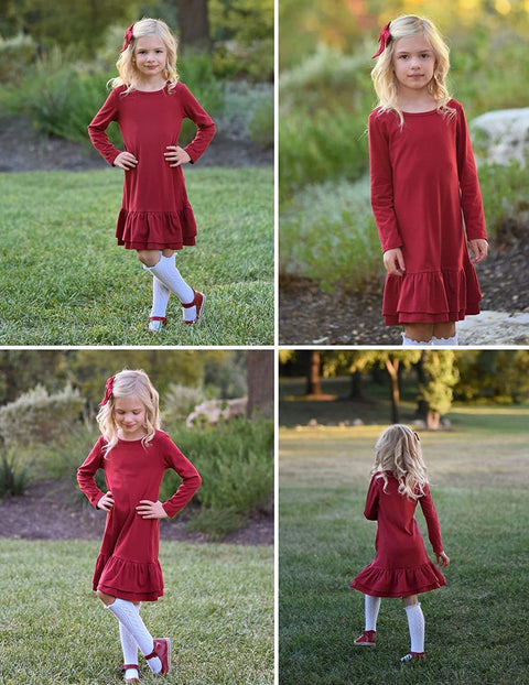Arshiner Girls Cotton Long Sleeve A-Line Ruffle Hem Dress