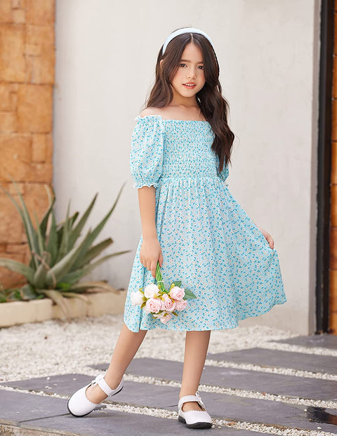 Arshiner Girls Summer Dress Short Puff Sleeve Floral Dress