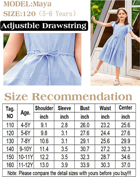Arshiner Girl's Cotton Linen Dress Flutter Sleeve Summer Casual Dresses Tiered A-Line Sundress for 4-13 Years Kids