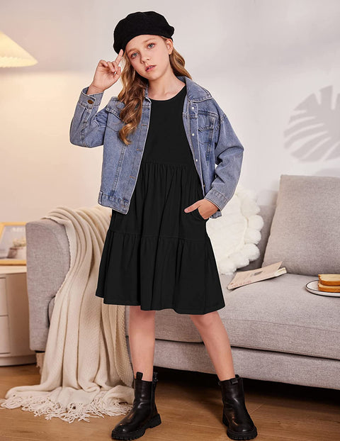 Arshiner Girls Long Sleeve Cold Shoulder Tiered Ruffle Pleated Pockets Dress for 4-14 Years