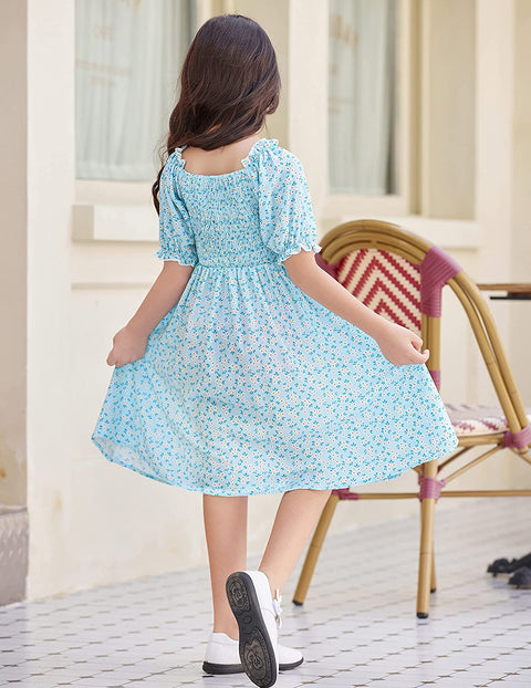 Arshiner Girls Summer Dress Short Puff Sleeve Floral Dress
