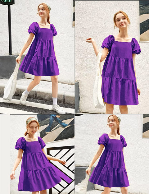 Arshiner Girls Dress Short Puff Sleeve Loose Tiered Ruffle Casual Dresses Square Neck