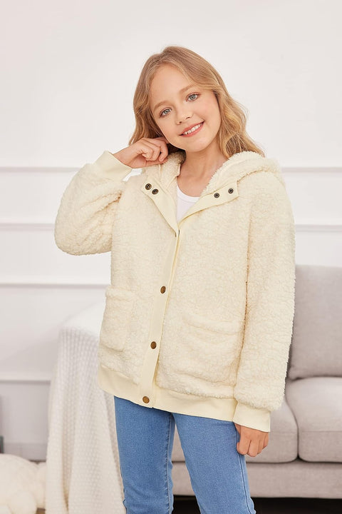 Arshiner Girls Fleece Sherpa Jacket Faux Shearling Fluffy Button Hooded Coat Fuzzy Outerwear Warm Winter Clothes With Pockets