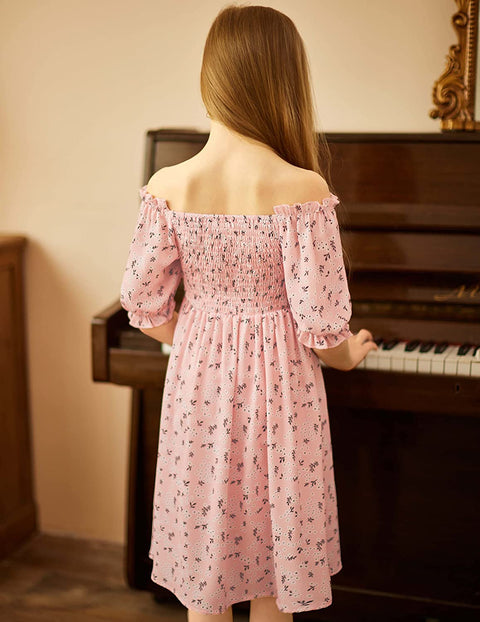 Arshiner Girls Summer Dress Short Puff Sleeve Floral Dress