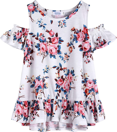 Arshiner Girls T-Shirts Short Sleeve with Cold Shoulder Ruffle Hem Blouse Cute Floral Print Tee Tops