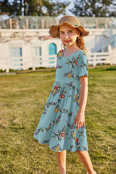Arshiner Girls Floral Dress Short Sleeve Summer Dresses Skater Twirl Sundress for Girls 4-13 Years
