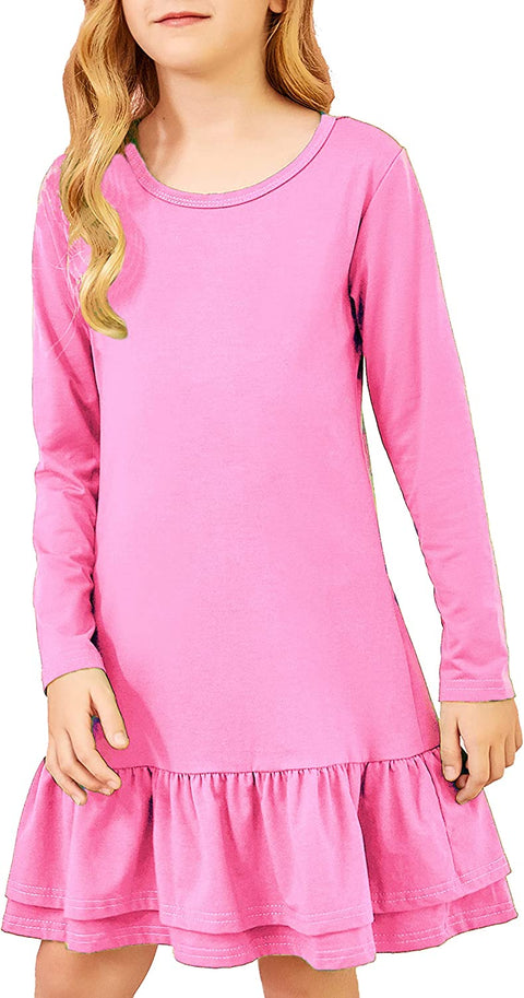 Arshiner Girls Cotton Long Sleeve A-Line Ruffle Hem Dress