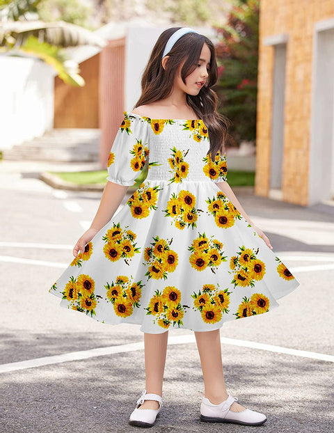 Arshiner Girls Summer Dress Short Puff Sleeve Floral Dress