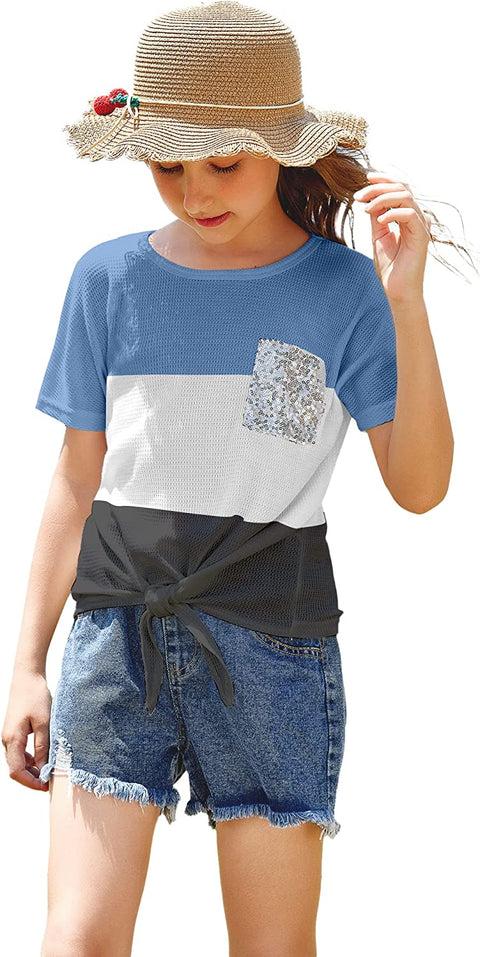 Arshiner Girls Short Sleeve T-Shirt Knot Front Knit Blouse Casual Cute Tunic Tee Tops