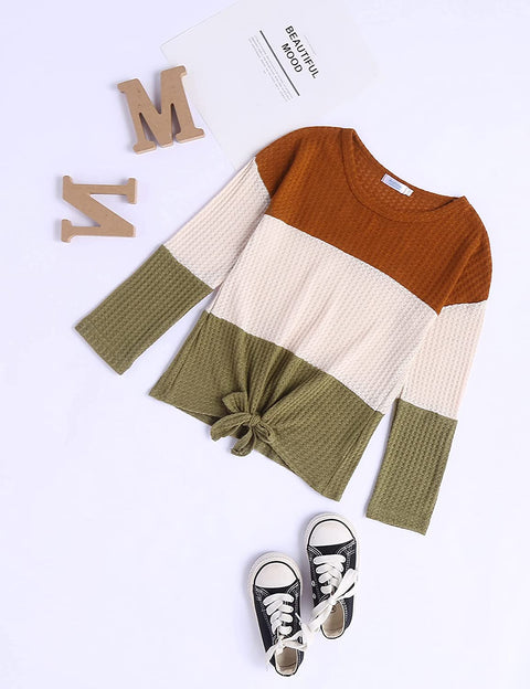 Arshiner Girls Knit Tops Colorblock Shirts Long Sleeve Sweaters