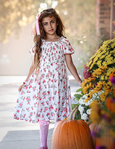 Arshiner Girls Summer Dress Short Puff Sleeve Floral Dress