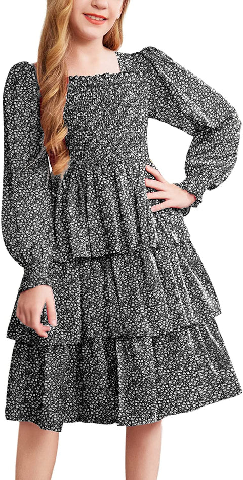 Arshiner Girls Long-Sleeve Tiered Dresses Square Neck Lantern Smocked Ruffle Layered Tie Back Dress