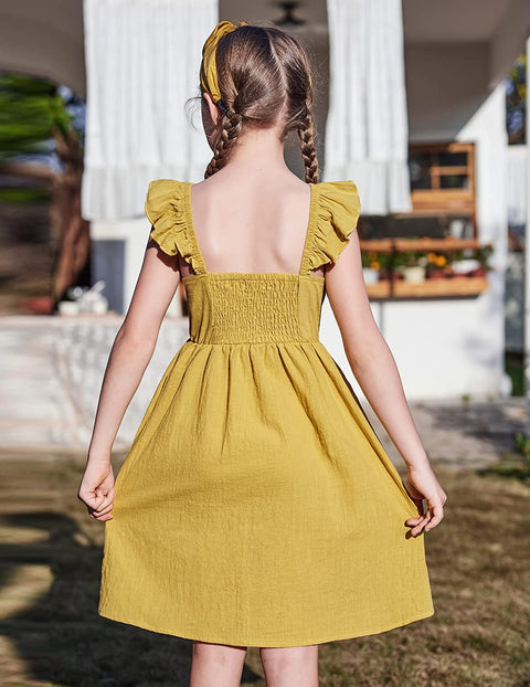 Arshiner Girls Linen Ruffle Backless Dress