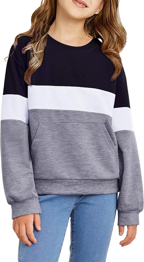 Arshiner Girls Color Block Sweatshirts Tops Kids Crewneck Long Sleeve Lightweight Pullover Hoodies