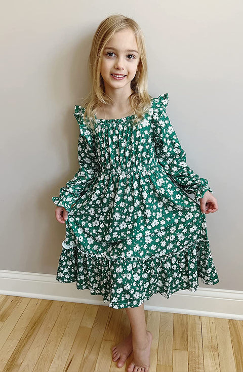 Arshiner Girls Trendy Long Sleeve Ruffle Hem Elastic Waist Dresses