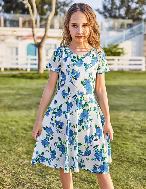 Arshiner Girls Floral Dress Short Sleeve Summer Dresses Skater Twirl Sundress for Girls 4-13 Years