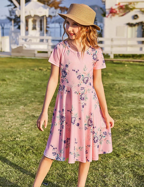 Arshiner Girls Floral Dress Short Sleeve Summer Dresses Skater Twirl Sundress for Girls 4-13 Years