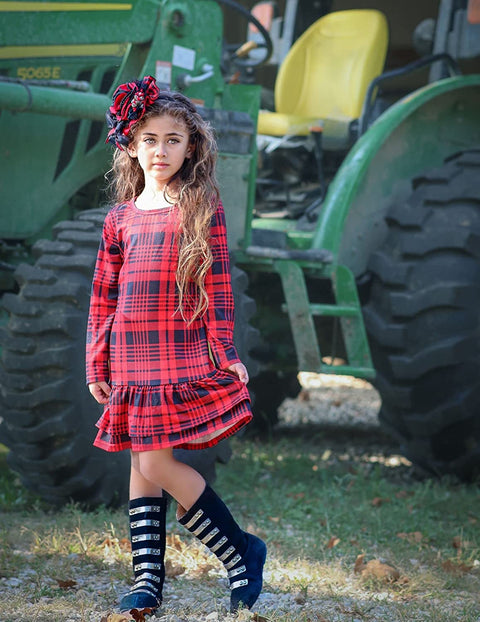 Arshiner Girls Cotton Long Sleeve A-Line Ruffle Hem Dress